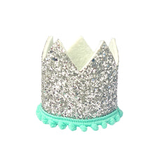 Load image into Gallery viewer, Silver Crown with Teal Poms
