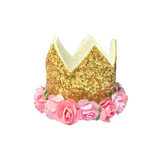 Load image into Gallery viewer, Gold Crown with Pink Flowers
